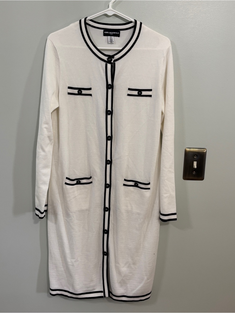 Karl Lagerfeld Paris white with black trim cardigan dress small